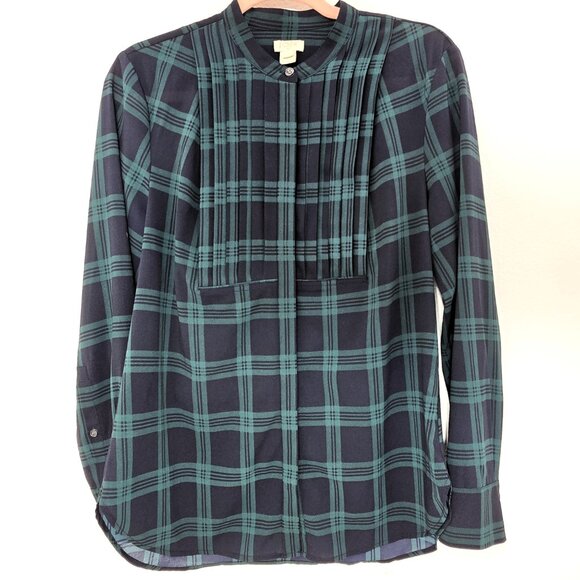 J.Crew Factory Women’s Navy Green Plaid Pleated Front Button Down Shirt Size S - Picture 7 of 9